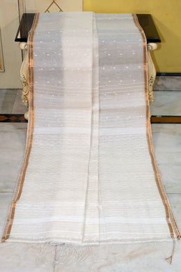 Handwoven Satin Silk Slim Border Sholapuri Soft Muslin Silk Jamdani Saree in Off White, White and Golden