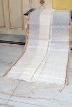 Handwoven Satin Silk Slim Border Sholapuri Soft Muslin Silk Jamdani Saree in Off White, White and Golden