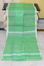 Handwoven Satin Silk Slim Border Sholapuri Soft Muslin Silk Jamdani Saree in Paste Green and Off White