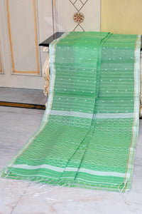 Handwoven Satin Silk Slim Border Sholapuri Soft Muslin Silk Jamdani Saree in Paste Green and Off White