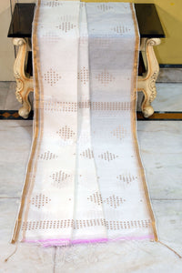 Designer Sitara Work Inch Border Resham Silk Saree in Off White and Golden