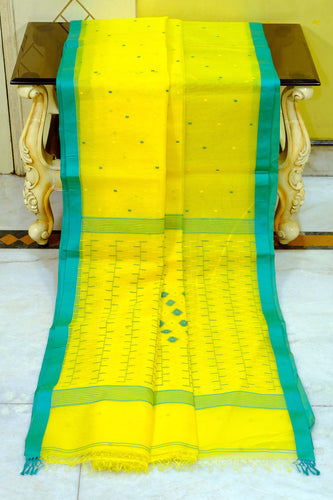 Handwoven Satin Silk Slim Border Sholapuri Soft Muslin Silk Jamdani Saree in Golden Yellow and Seagreen