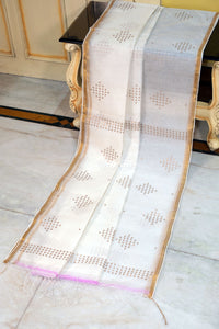 Designer Sitara Work Inch Border Resham Silk Saree in Off White and Golden