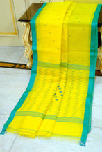 Handwoven Satin Silk Slim Border Sholapuri Soft Muslin Silk Jamdani Saree in Golden Yellow and Seagreen