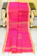 Handwoven Satin Silk Slim Border Sholapuri Soft Muslin Silk Jamdani Saree in Wild Watermelon and Rose Bud