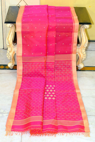 Handwoven Satin Silk Slim Border Sholapuri Soft Muslin Silk Jamdani Saree in Wild Watermelon and Rose Bud
