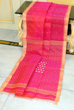 Handwoven Satin Silk Slim Border Sholapuri Soft Muslin Silk Jamdani Saree in Wild Watermelon and Rose Bud