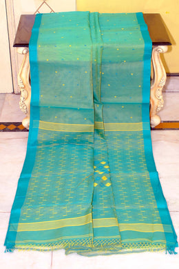 Handwoven Satin Silk Slim Border Sholapuri Soft Muslin Silk Jamdani Saree in Keppel Green, Paciifc Blue and Yellow