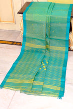 Handwoven Satin Silk Slim Border Sholapuri Soft Muslin Silk Jamdani Saree in Keppel Green, Paciifc Blue and Yellow