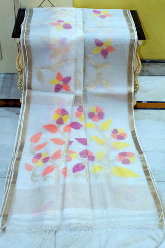 Muslin Silk Jamdani Saree in Off White, Gold Zari and Multicolored Thread Work