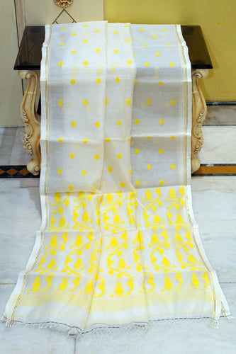 Handwoven Satin Silk Slim Border Sholapuri Soft Muslin Silk Jamdani Saree with Needle Karat Pallu in Off White, Bright Yellow and Golden
