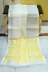 Handwoven Satin Silk Slim Border Sholapuri Soft Muslin Silk Jamdani Saree with Needle Karat Pallu in Off White, Bright Yellow and Golden