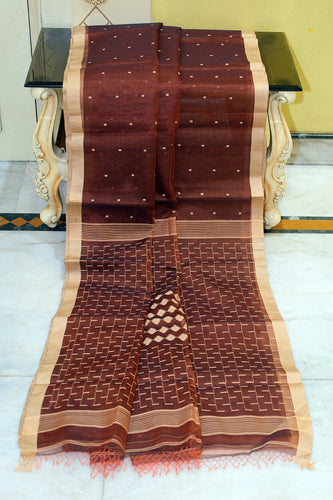 Handwoven Satin Silk Slim Border Sholapuri Soft Muslin Silk Jamdani Saree in Seal Brown and Tan