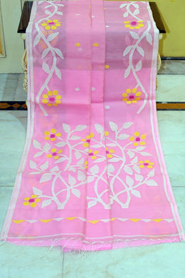 Handwoven Muslin Silk Jamdani Saree in Pink Pearl, Off White, Yellow and Hot Pink