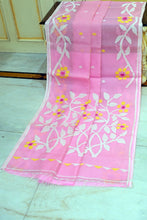 Handwoven Muslin Silk Jamdani Saree in Pink Pearl, Off White, Yellow and Hot Pink