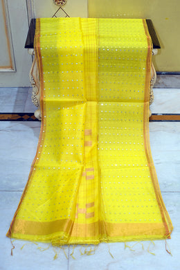 Designer Sitara Work Skirt Border Muslin Silk Saree in Yellow, SIlver and Copper