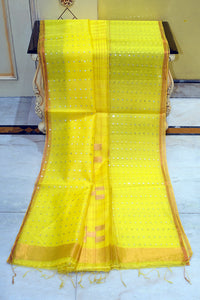 Designer Sitara Work Skirt Border Muslin Silk Saree in Yellow, SIlver and Copper