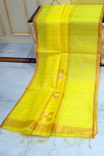 Designer Sitara Work Skirt Border Muslin Silk Saree in Yellow, SIlver and Copper