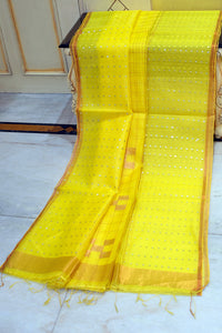 Designer Sitara Work Skirt Border Muslin Silk Saree in Yellow, SIlver and Copper