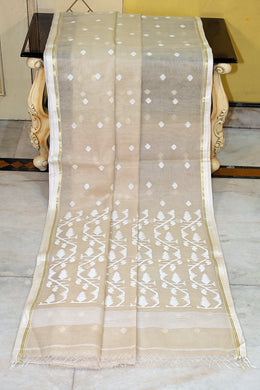 Handwoven Satin Silk Slim Border Sholapuri Soft Muslin Silk Jamdani Saree in Beige, Off White and Golden