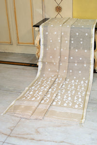 Handwoven Satin Silk Slim Border Sholapuri Soft Muslin Silk Jamdani Saree in Beige, Off White and Golden