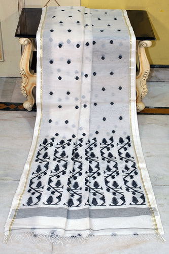 Handwoven Satin Silk Slim Border Sholapuri Soft Muslin Silk Jamdani Saree in Off White, Black and Golden