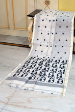 Handwoven Satin Silk Slim Border Sholapuri Soft Muslin Silk Jamdani Saree in Off White, Black and Golden