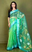 Soft Muslin Silk Banarasi Saree in Turtle Green, Glacier Blue, Golden and Silver Zari Work