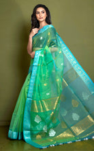 Soft Muslin Silk Banarasi Saree in Turtle Green, Glacier Blue, Golden and Silver Zari Work