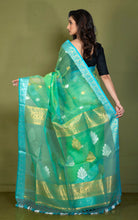Soft Muslin Silk Banarasi Saree in Turtle Green, Glacier Blue, Golden and Silver Zari Work