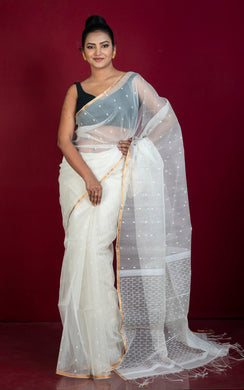 Handwoven Satin Silk Slim Border Sholapuri Soft Muslin Silk Jamdani Saree in Off White, White and Golden