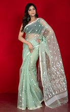 Handwoven Satin Silk Slim Border Sholapuri Soft Muslin Silk Jamdani Saree with Needle Karat Pallu in Laurel Green, Off White and Golden