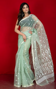 Handwoven Satin Silk Slim Border Sholapuri Soft Muslin Silk Jamdani Saree with Needle Karat Pallu in Laurel Green, Off White and Golden