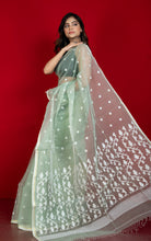 Handwoven Satin Silk Slim Border Sholapuri Soft Muslin Silk Jamdani Saree with Needle Karat Pallu in Laurel Green, Off White and Golden