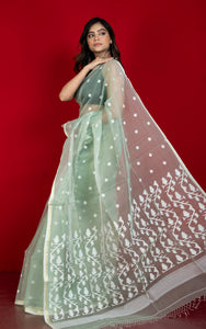 Handwoven Satin Silk Slim Border Sholapuri Soft Muslin Silk Jamdani Saree with Needle Karat Pallu in Laurel Green, Off White and Golden