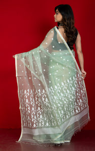Handwoven Satin Silk Slim Border Sholapuri Soft Muslin Silk Jamdani Saree with Needle Karat Pallu in Laurel Green, Off White and Golden