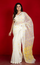 Handwoven Satin Silk Slim Border Sholapuri Soft Muslin Silk Jamdani Saree with Needle Karat Pallu in Off White, Bright Yellow and Golden
