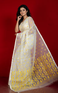 Handwoven Satin Silk Slim Border Sholapuri Soft Muslin Silk Jamdani Saree with Needle Karat Pallu in Off White, Bright Yellow and Golden