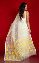 Handwoven Satin Silk Slim Border Sholapuri Soft Muslin Silk Jamdani Saree with Needle Karat Pallu in Off White, Bright Yellow and Golden