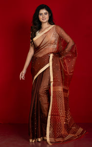Handwoven Satin Silk Slim Border Sholapuri Soft Muslin Silk Jamdani Saree in Chocolate Brown and Beige