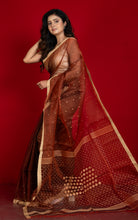 Handwoven Satin Silk Slim Border Sholapuri Soft Muslin Silk Jamdani Saree in Chocolate Brown and Beige