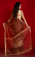 Handwoven Satin Silk Slim Border Sholapuri Soft Muslin Silk Jamdani Saree in Chocolate Brown and Beige