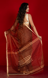 Handwoven Satin Silk Slim Border Sholapuri Soft Muslin Silk Jamdani Saree in Chocolate Brown and Beige