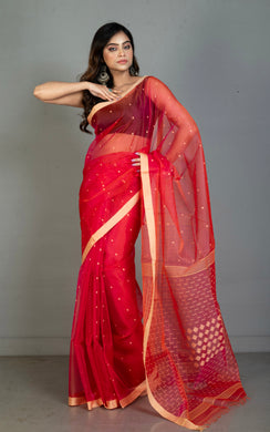 Handwoven Satin Silk Slim Border Sholapuri Soft Muslin Silk Jamdani Saree in Wild Watermelon and Rose Bud