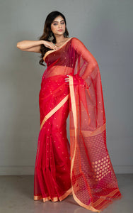 Handwoven Satin Silk Slim Border Sholapuri Soft Muslin Silk Jamdani Saree in Wild Watermelon and Rose Bud