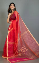 Handwoven Satin Silk Slim Border Sholapuri Soft Muslin Silk Jamdani Saree in Wild Watermelon and Rose Bud