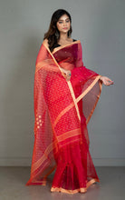 Handwoven Satin Silk Slim Border Sholapuri Soft Muslin Silk Jamdani Saree in Wild Watermelon and Rose Bud