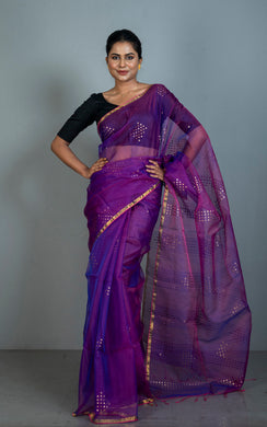 Designer Sitara Work Inch Border Resham Silk Saree in Purple, Hot Pink and Golden