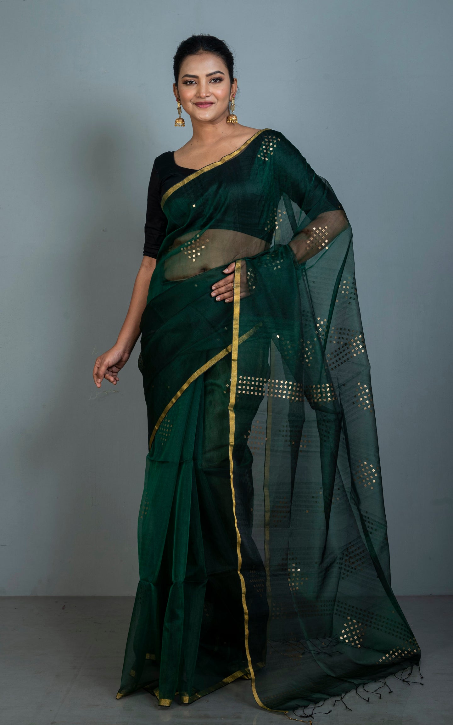 Designer Sitara Work Inch Border Resham Silk Saree in Dark Bottle Green and Golden