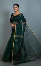 Designer Sitara Work Inch Border Resham Silk Saree in Dark Bottle Green and Golden